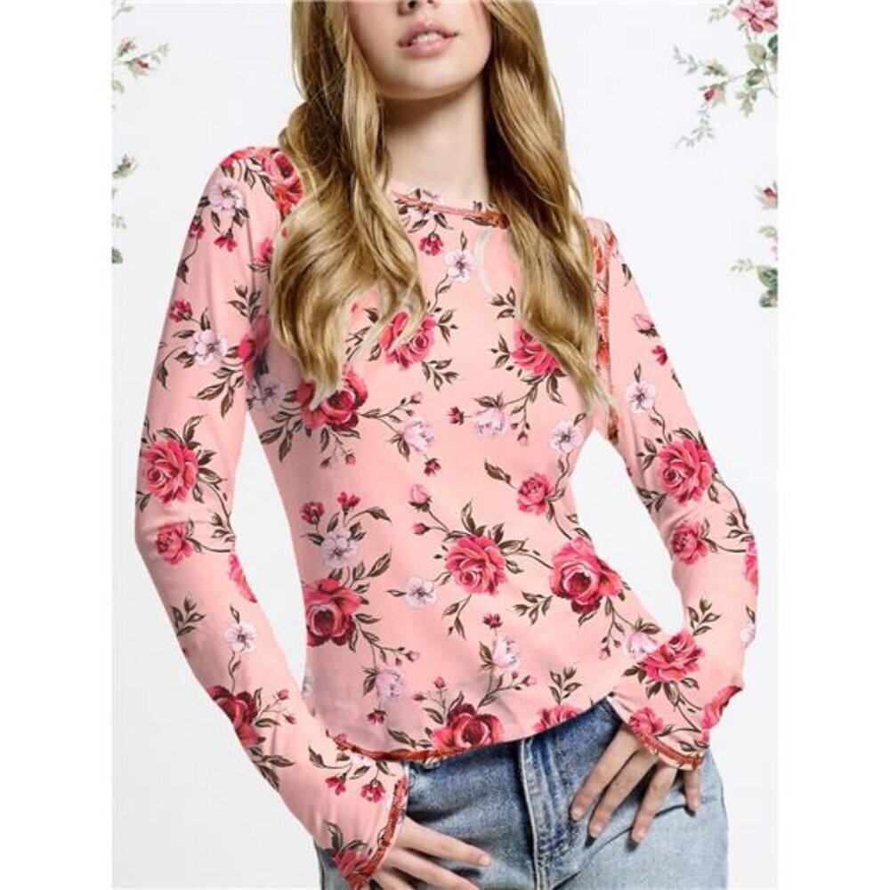 Floral Print Exposed Seam Detail Mesh Long Sleeve Top